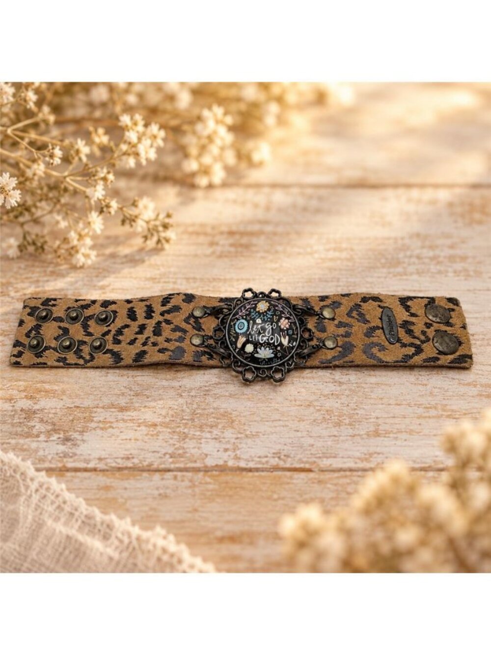 Plunder Let Go Let God Animal Print Leather Cuff Bracelet Removable Charm